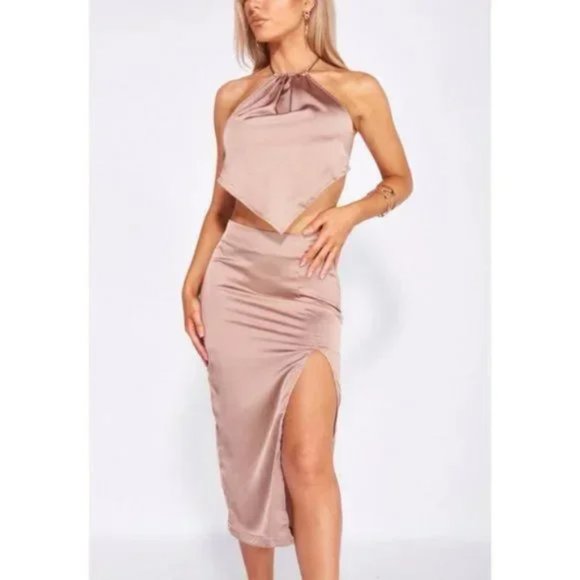 Nude Satin Halter Neck Backless Handkerchief Top and Front Silt Midi Skirt Set - Picture 10 of 17
